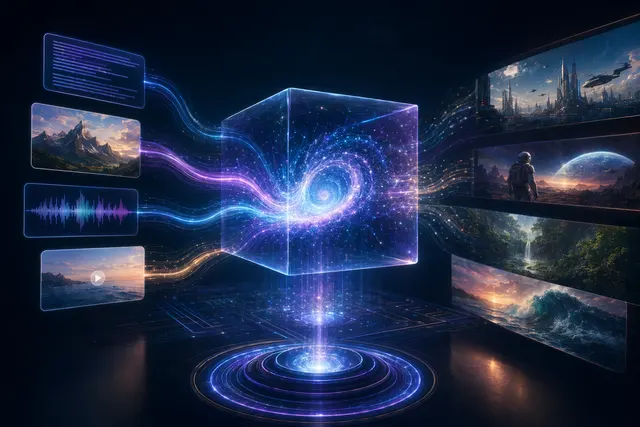 Illustration representing Google Gemini Omni generating video from text, image, audio and video inputs