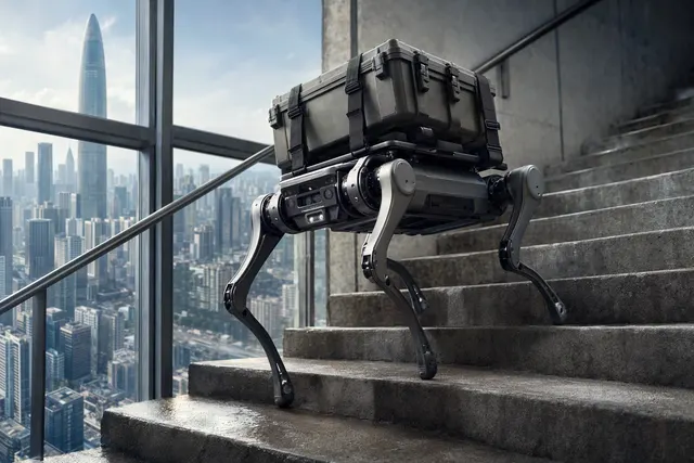 Illustration of a quadruped robot climbing an indoor high-rise staircase with a payload