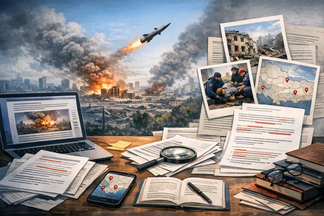 Editorial hero image showing a dark city skyline with explosions and smoke, illustrating the July 2026 Russian bombardment of Kyiv.