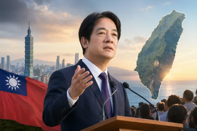 Illustration of Taiwan President Lai Ching-te speaking about sovereignty and cross-strait tensions