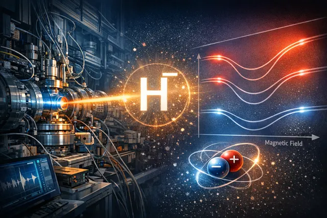 Artistic visualization of a glowing antihydrogen atom trapped inside a high-precision electromagnetic trap at CERN’s ALPHA experiment.