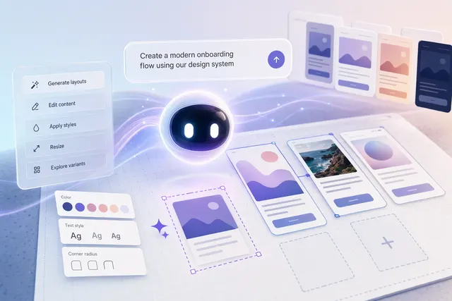 Illustration of an AI assistant generating and editing UI designs directly on a Figma canvas
