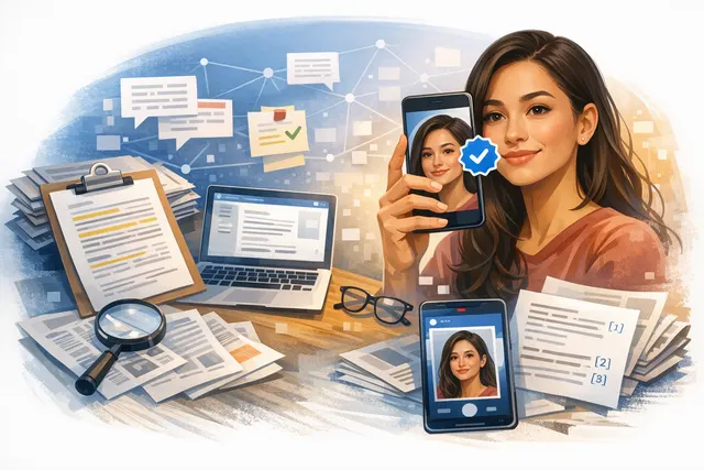 AI-generated editorial hero image of a smartphone displaying a Facebook verification checkmark badge on a profile