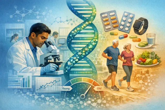 Abstract illustration of DNA methylation patterns and biological aging biomarkers