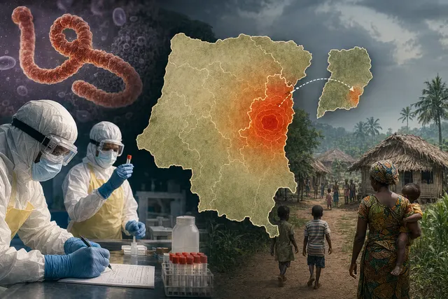 Illustration of Ebola outbreak response in Central Africa with medical workers and virus visualization