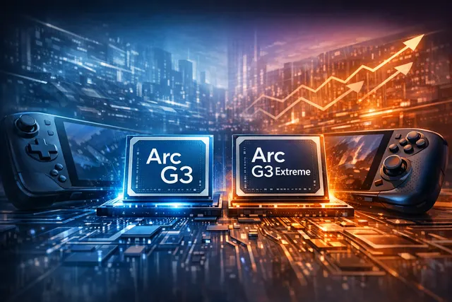 Intel Arc G3 Extreme processor chip resting on a futuristic circuit board, symbolizing the next generation of handheld PC gaming performance.