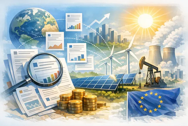 A stylized split-image showing solar panels and wind turbines on one side, and a globe with geopolitical conflict markers on the other, representing the security-driven energy tran