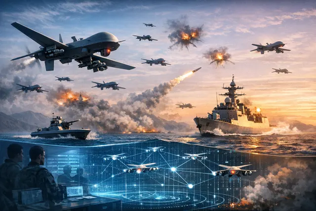 Conceptual illustration of an autonomous drone swarm operating with AI over a digital battlefield grid.