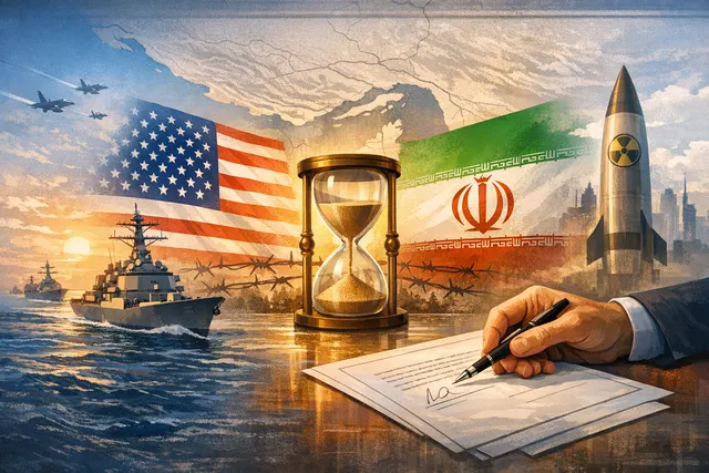 A split image showing a U.S. naval warship patrolling the Strait of Hormuz on one side, and diplomats shaking hands across a table in a formal negotiation room on the other, repres