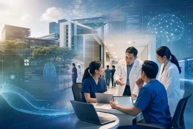 Illustration of healthcare staff using an AI-enabled documentation tool in a hospital