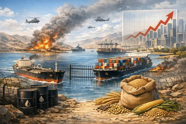 Editorial illustration of oil tankers, shipping routes and global markets during a Strait of Hormuz energy crisis