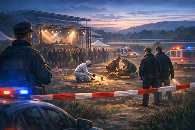 Editorial illustration of emergency lights and a cordoned-off outdoor venue after a nighttime shooting at a rave in Aarau, Switzerland