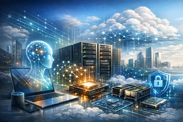 A conceptual illustration of Microsoft and Nvidia's unified AI agent stack, showing a layered architecture connecting a Windows PC chip to the Azure cloud, with security shield ico