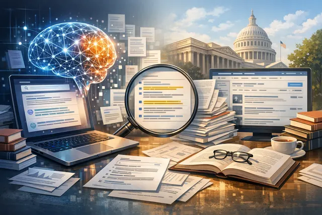 A conceptual illustration comparing AI search synthesis and traditional academic database research.
