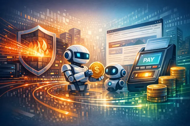 Digital illustration representing AI agents making automated payments to access paywalled web content through a network firewall gateway
