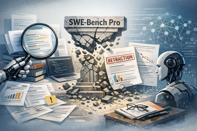An abstract digital illustration of a crumbling benchmark leaderboard, symbolizing the collapse of AI coding benchmarks like SWE-bench Verified and SWE-bench Pro after OpenAI's ret