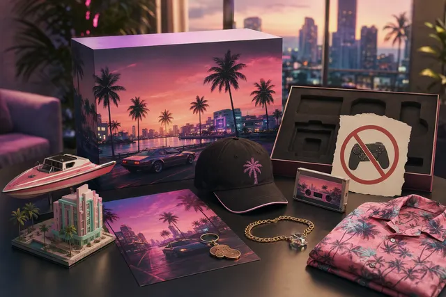 Illustrative artwork accompanying coverage of GTA 6’s Vice City Collection merchandise box