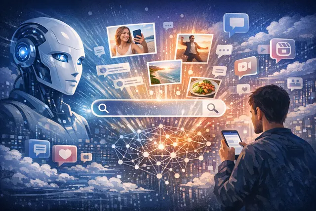 Digital interface showing AI search mode integrated into a social media platform with conversational answer cards and source citations