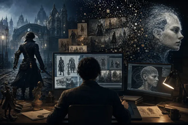 Editorial illustration representing the debate over generative AI in game art production