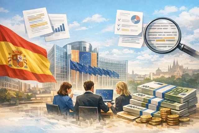 Editorial illustration of the European Union flag and euro currency symbols, representing the proposed European Sovereign Facility for common EU debt issuance.
