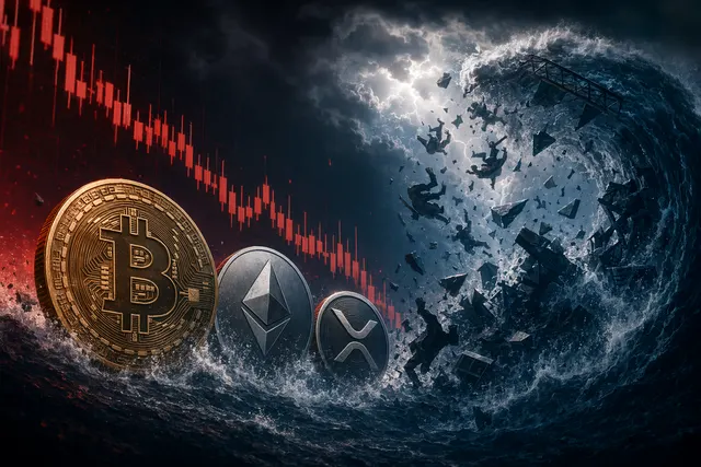 Crypto market liquidation cascade visualization with Bitcoin and Ethereum price drop