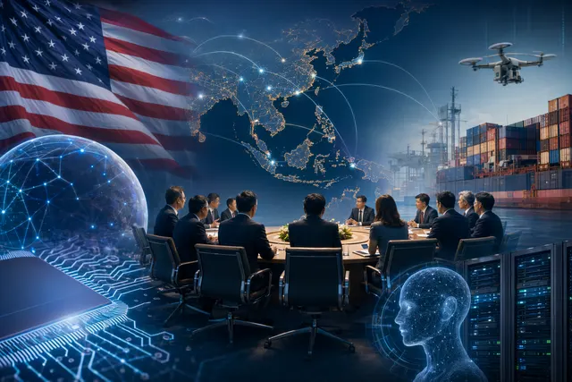 Editorial illustration representing U.S. efforts to promote artificial intelligence technologies across Asia at APEC meetings