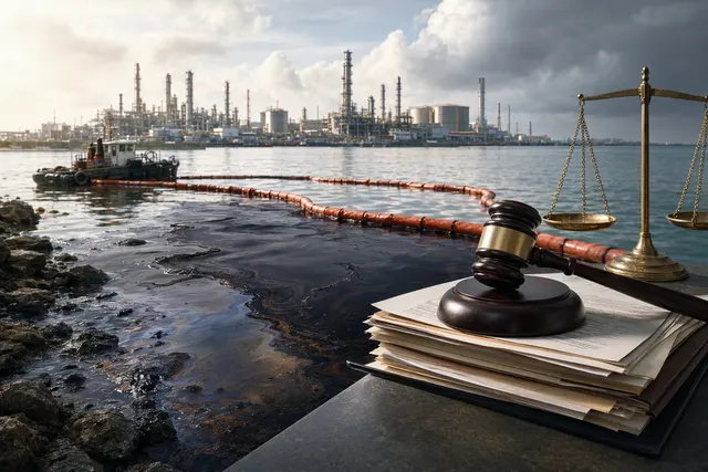 AI-generated editorial illustration accompanying coverage of the Pulau Bukom oil leak charges