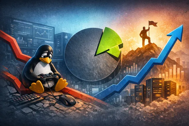 A visual representation of the May 2026 Steam Hardware Survey showing Linux market share declining from a peak while CachyOS distribution surges.