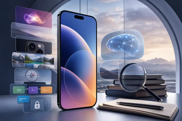 Editorial illustration of an iPhone displaying iOS 27 and Apple Intelligence concepts