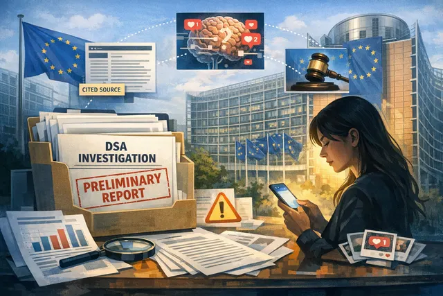Conceptual illustration of a smartphone displaying Facebook and Instagram logos surrounded by digital shackles and warning symbols, representing the EU's preliminary finding on add