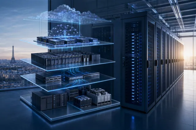 Illustration of a full‑stack AI data center architecture with layered infrastructure components