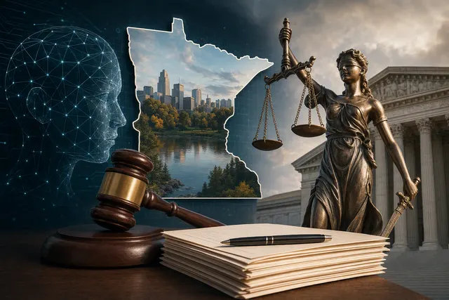 Editorial illustration of the legal dispute over Minnesota’s AI-generated fake-nude law and xAI