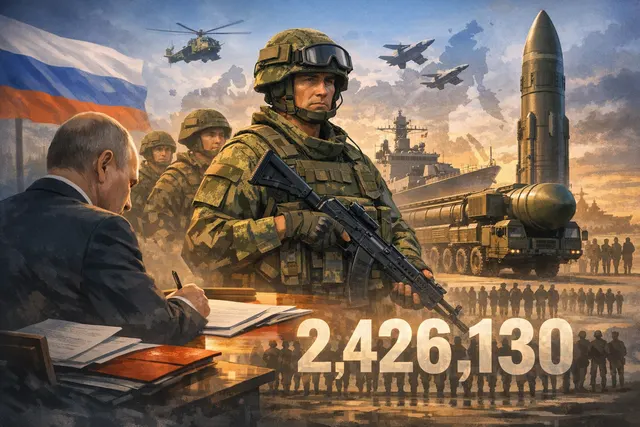 AI-generated editorial image representing Vladimir Putin's series of military expansion decrees raising Russia's authorized armed forces strength to 2.43 million personnel.