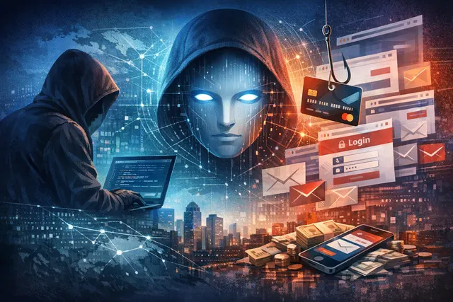 Digital illustration of a phishing hook luring glowing credit card icons from a shattered Google Gemini AI interface, representing the Outsider Enterprise cybercrime lawsuit.