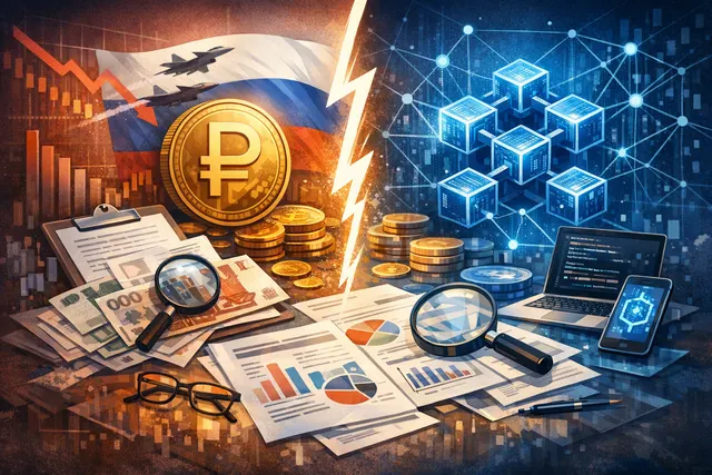 Conceptual image representing the A7A5 ruble-backed stablecoin dispute with blockchain analytics, featuring digital scales and cryptocurrency symbols