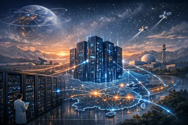 Illustration of China’s national AI compute fabric linking a 100,000-card supercluster with optical networks and regional data centers