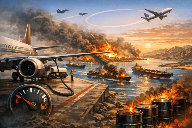 Airplanes grounded at tarmac as global aviation faces a severe jet fuel crisis caused by the Strait of Hormuz closure in June 2026