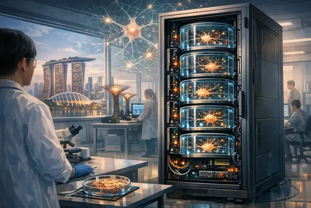 Illustration of a biological data center rack combining living human neurons with silicon computing hardware