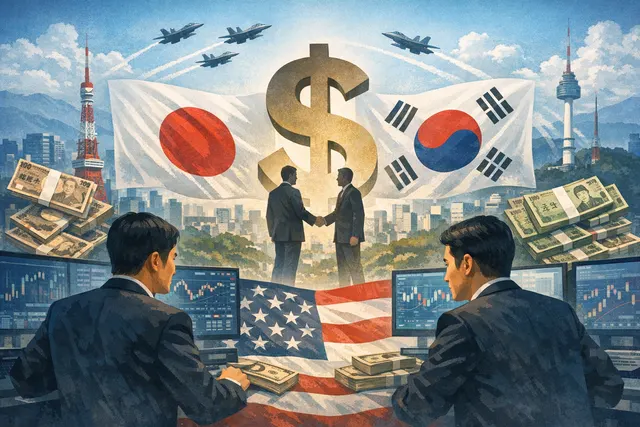 A graphic representation of the Japanese yen and South Korean won currency symbols against a declining U.S. dollar, with a stock market chart showing sharp upward movement.