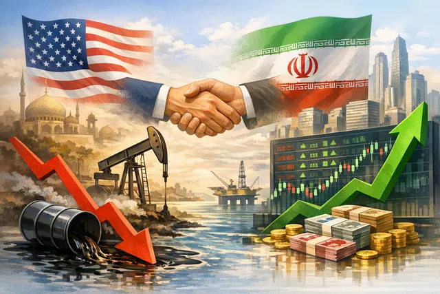 Asian financial district skyline with currency symbols overlaid, representing market reaction to US-Iran peace deal