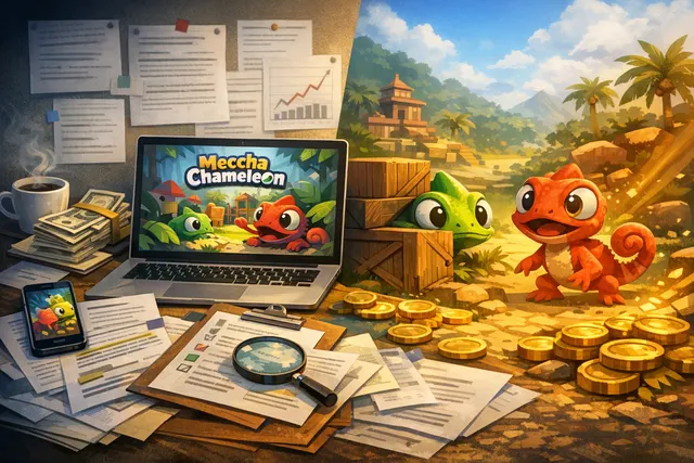 A vibrant, cartoonish chameleon character blending into a colorful abstract background, representing Meccha Chameleon's paint- camouflage gameplay.