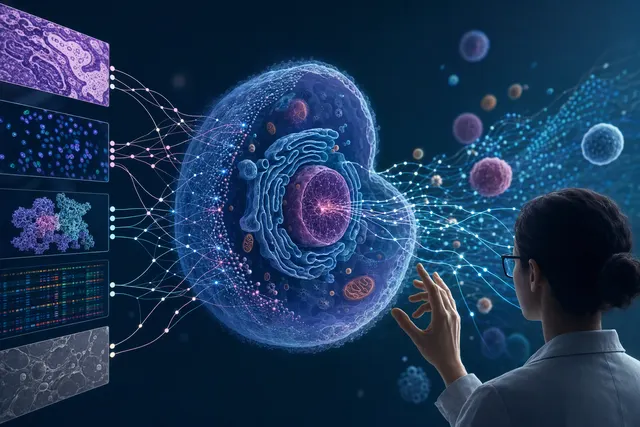 Abstract AI-generated illustration of biological data and laboratory research connected by an AI system