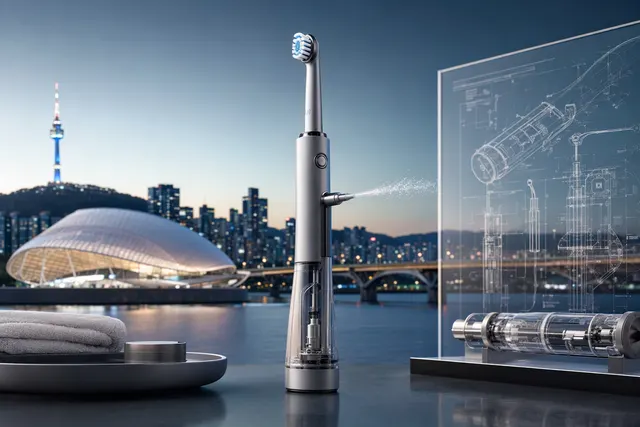 AI-generated editorial illustration accompanying an article about Dyson’s CameraJet toothbrush