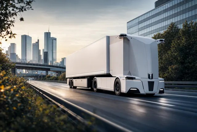 AI-generated illustration of a cab-less autonomous electric freight truck on a German road