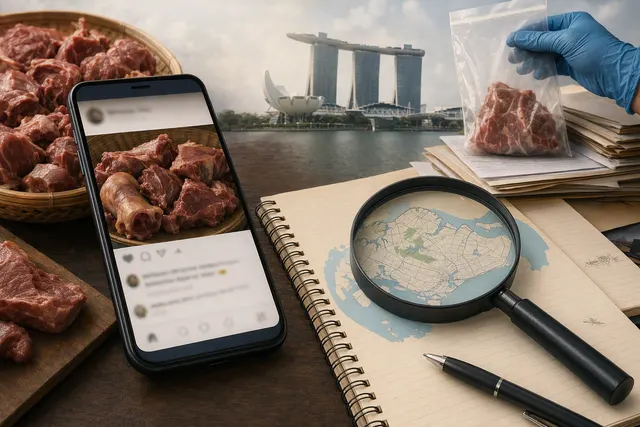 AI-generated editorial illustration for a report on alleged dog meat sales in Singapore