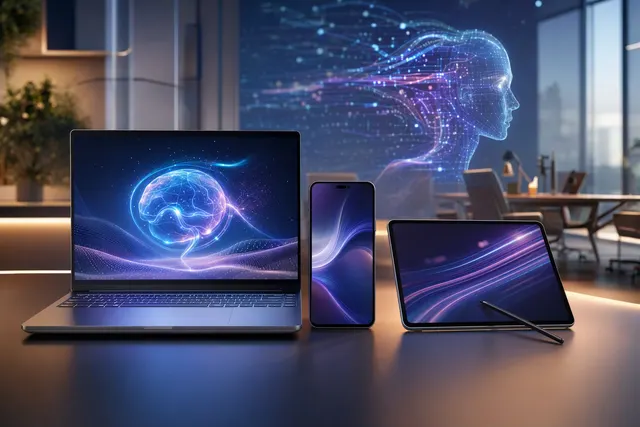 Conceptual illustration for an article about Lenovo Tianxi AI 4.5 across phones, tablets and AI PCs