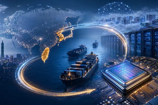 Illustration representing global AI semiconductor trade flows between Asia and the United States