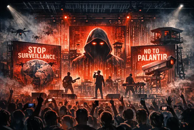 Massive Attack stage visual satirizing Palantir's surveillance interface with facial recognition scanning of a concert crowd