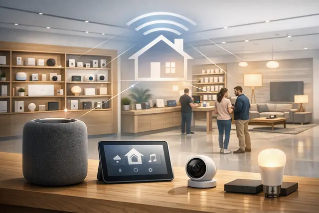 Conceptual Apple smart-home hub with a square display shown alongside HomePod and connected-home accessories