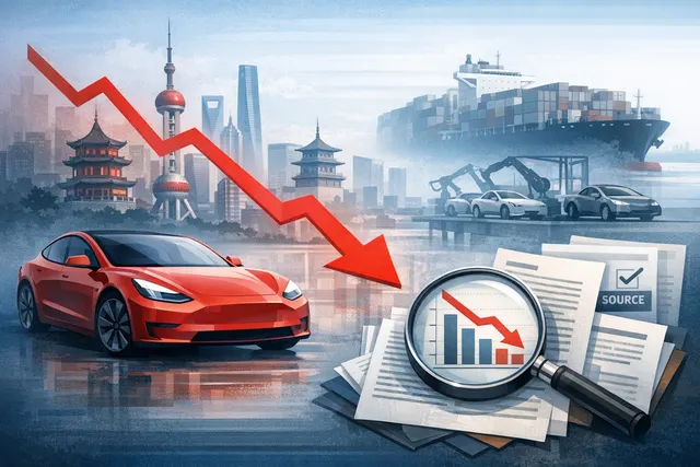 AI-generated editorial illustration of a Tesla charging station in a Chinese cityscape, representing the electric vehicle market in China